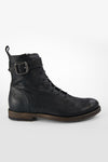SLOANE matte-black lace-up buckle boots.