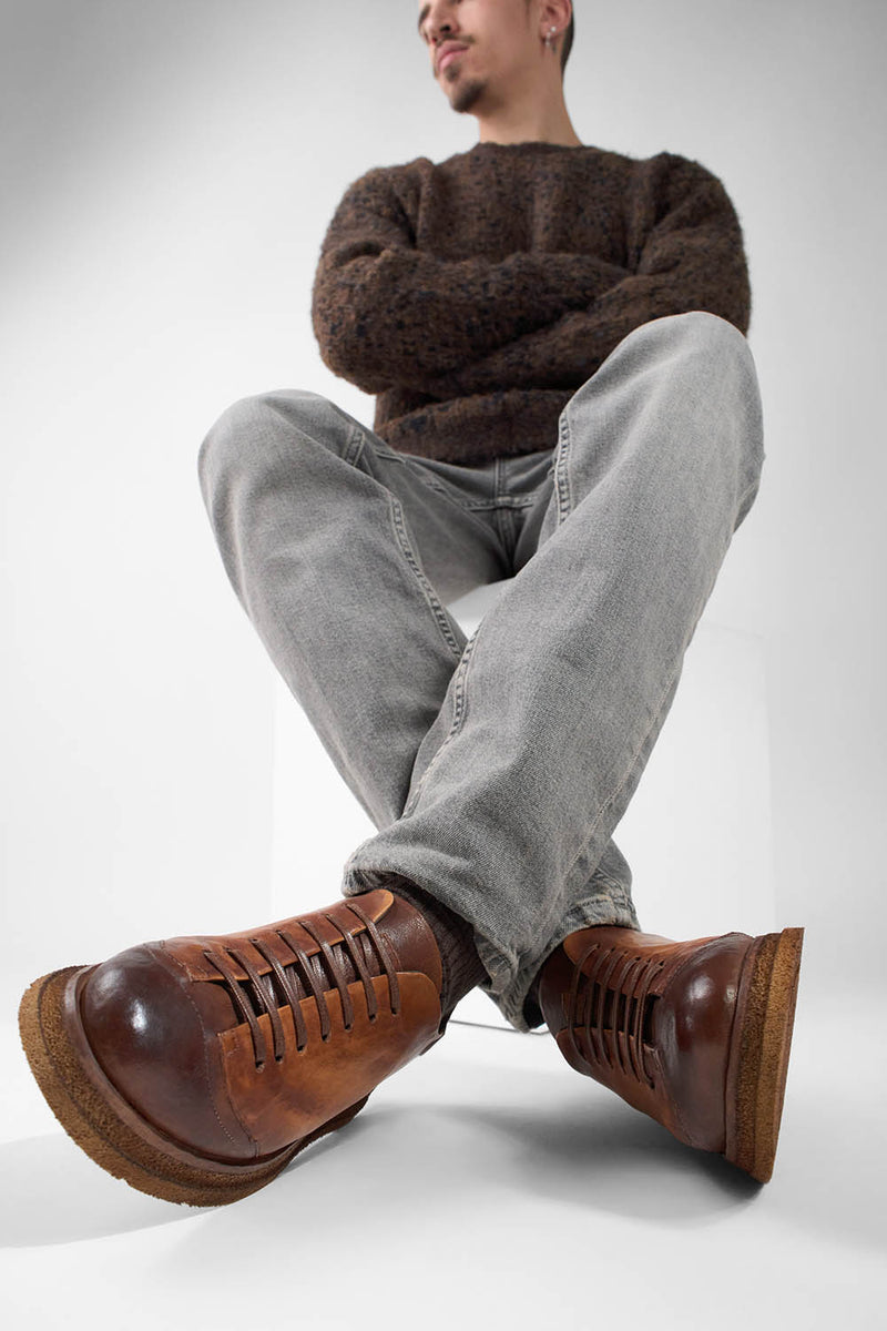 AJAX cognac distressed lightweight sneakers.