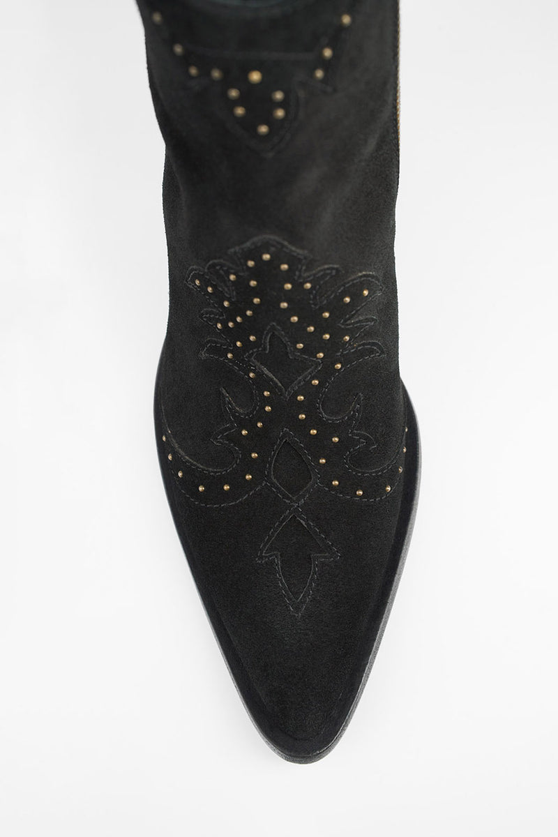 AUSTIN black suede studded texan boots.