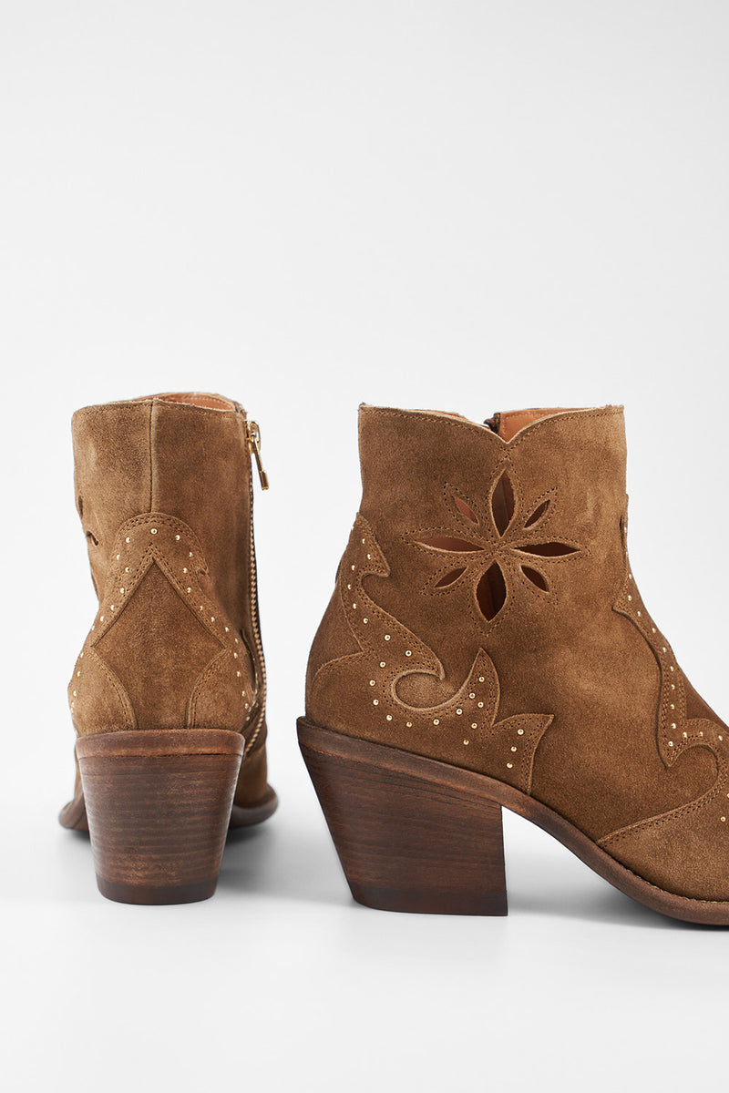 AUSTIN sunset-tan suede embellished texan boots.