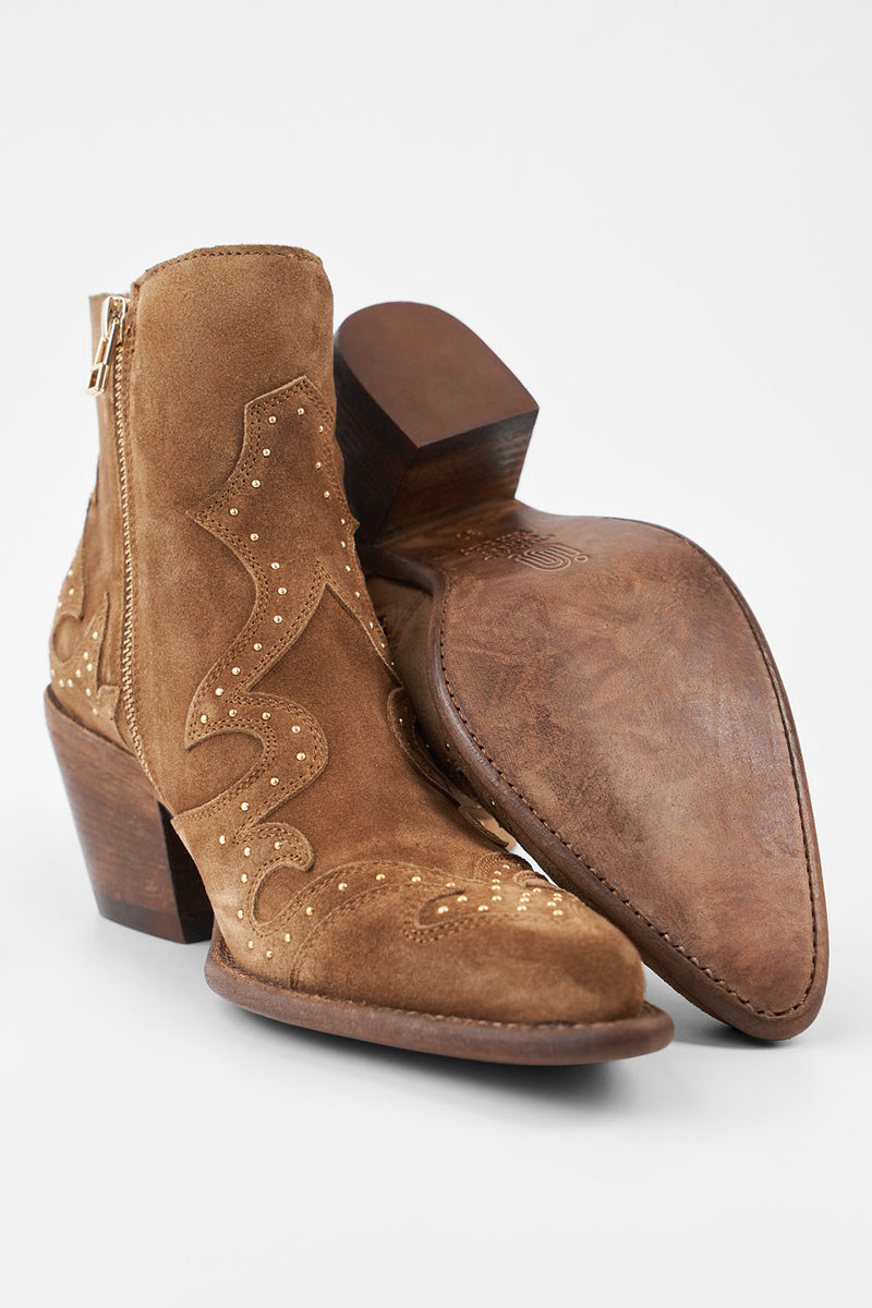 AUSTIN sunset-tan suede embellished texan boots.