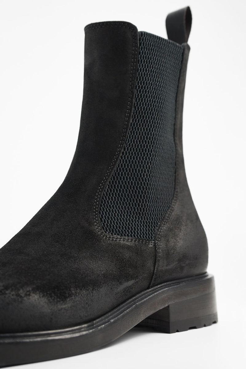 AVERY charcoal-black suede chelsea boots.