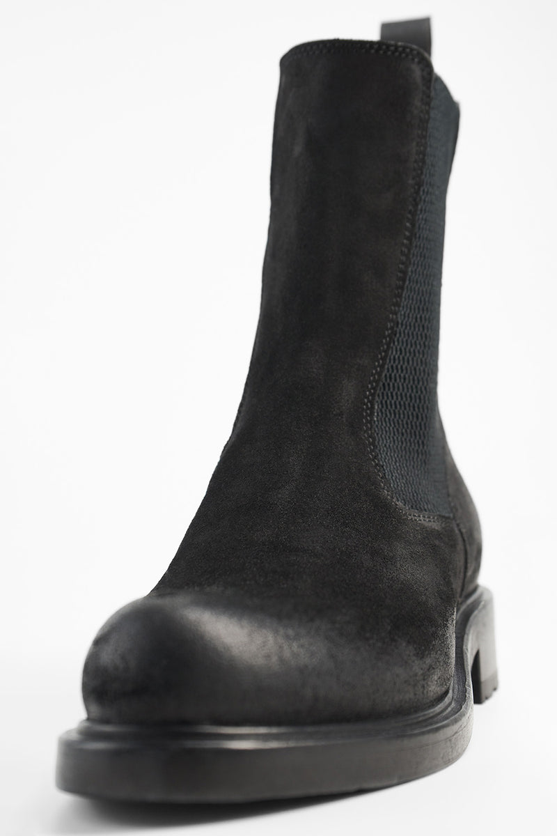 AVERY charcoal-black suede chelsea boots.