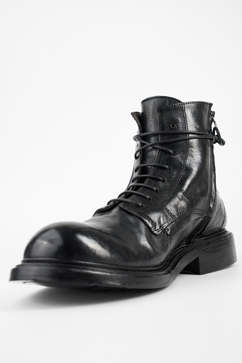 BOLTON limo-black layered lace up boots.