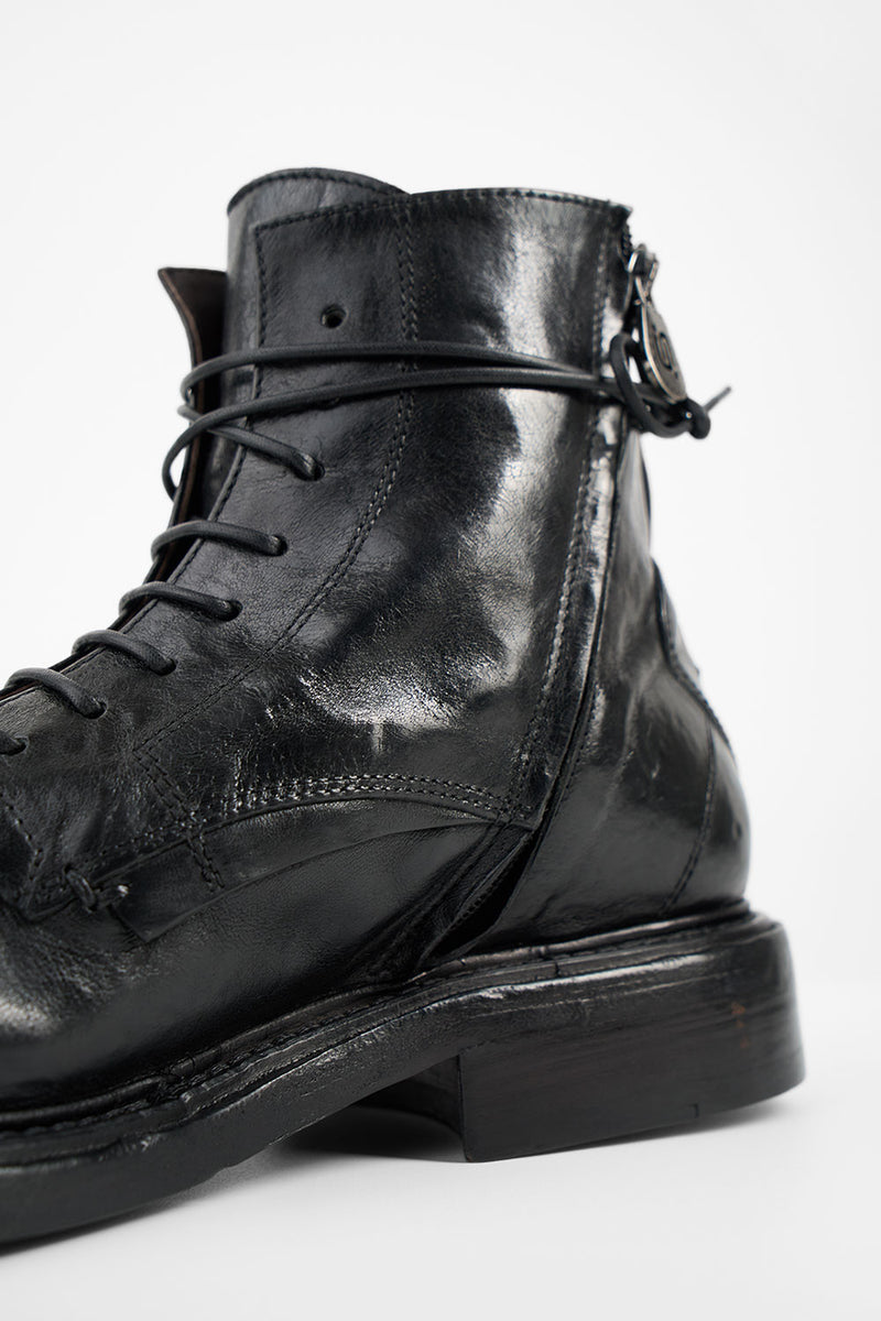 BOLTON limo-black layered lace up boots.