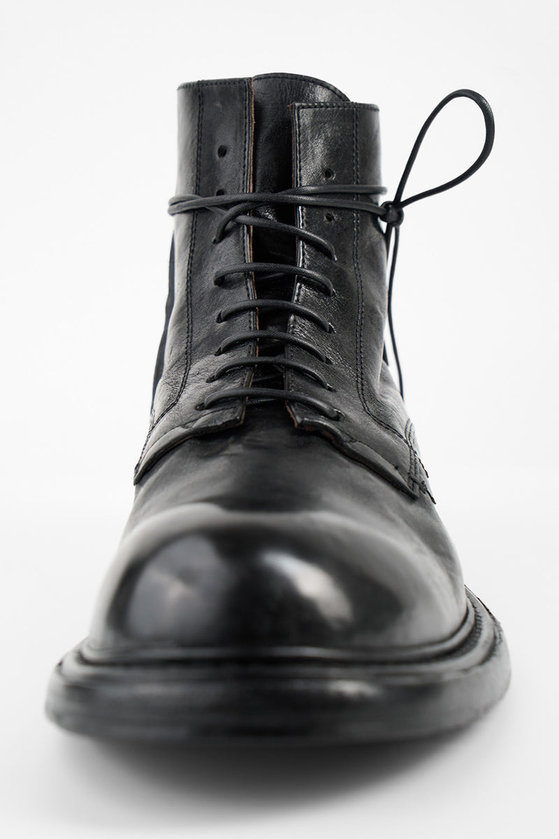 BOLTON limo-black layered lace up boots.