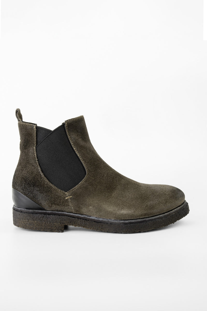 BROMPTON dark-moss suede chelsea boots.