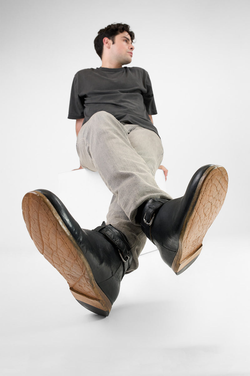 BRUCE rugged-black buckle ankle boots.