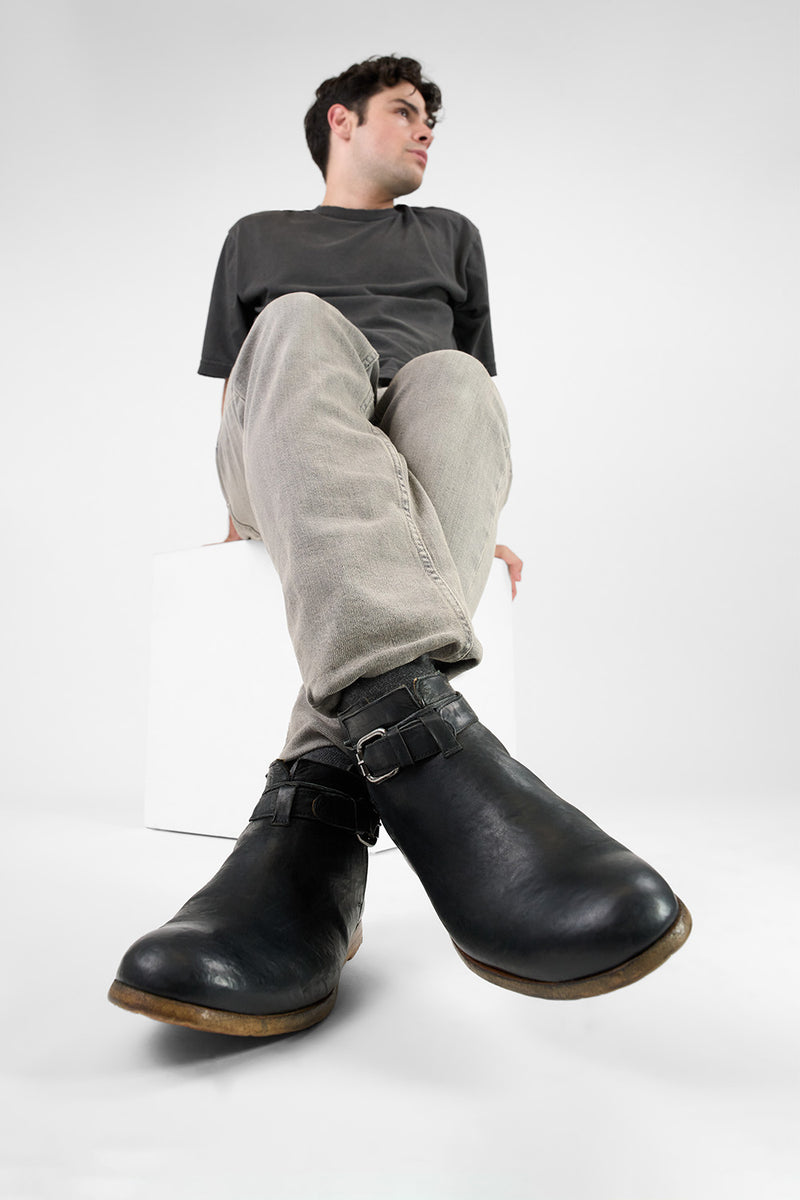 BRUCE rugged-black buckle ankle boots.