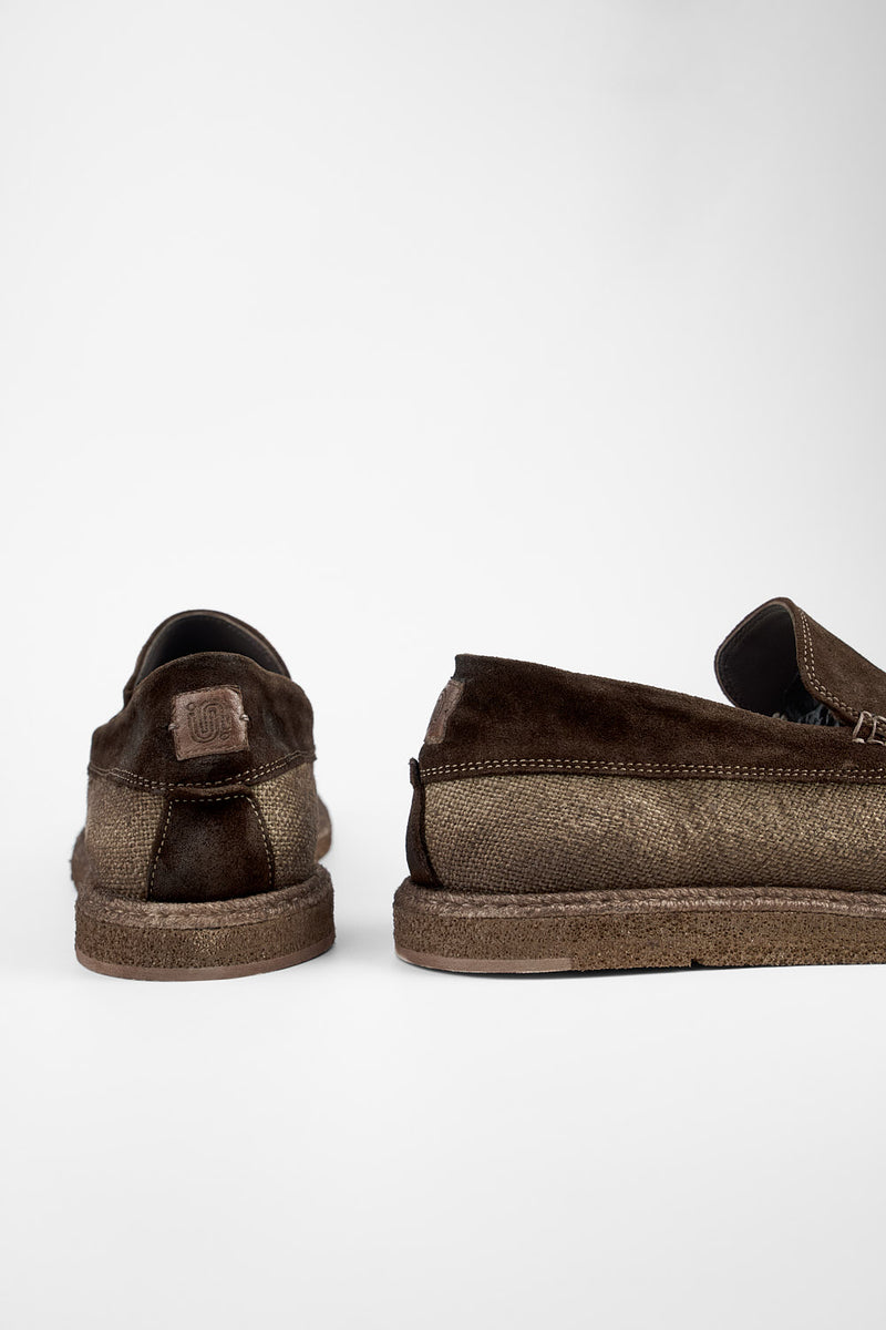BYRON rye-brown suede & canvas lightweight loafers.
