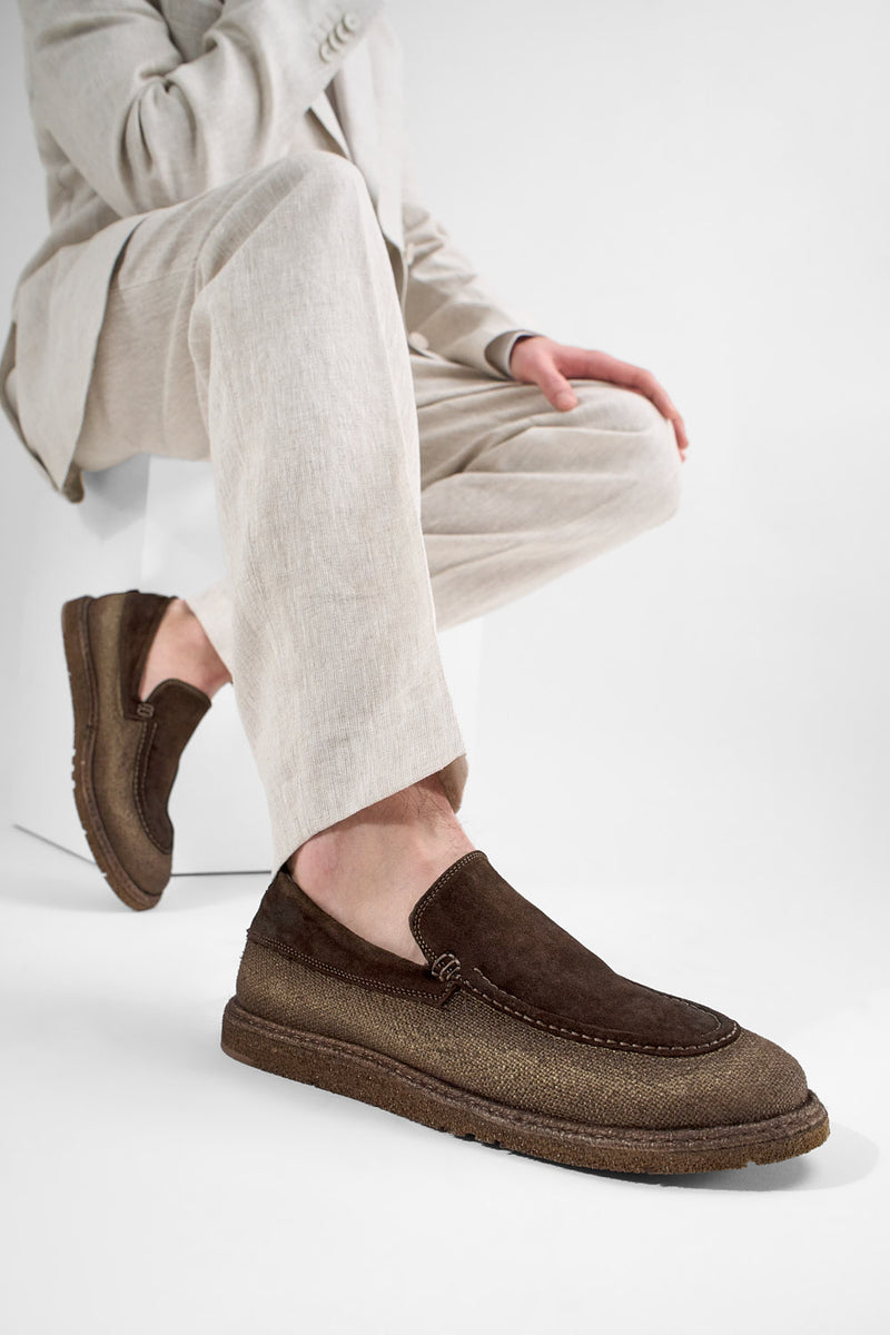 BYRON rye-brown suede & canvas lightweight loafers.