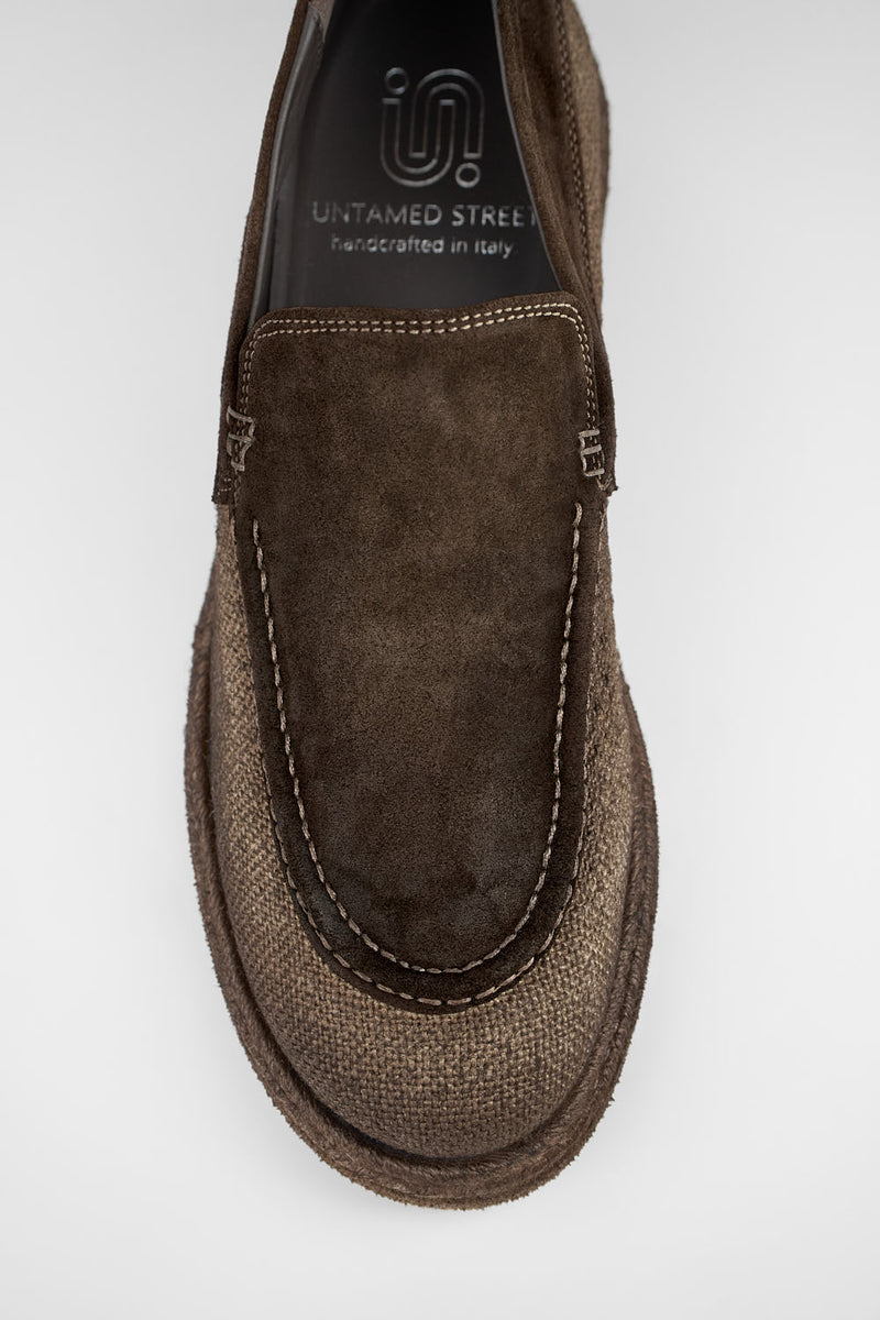 BYRON rye-brown suede & canvas lightweight loafers.