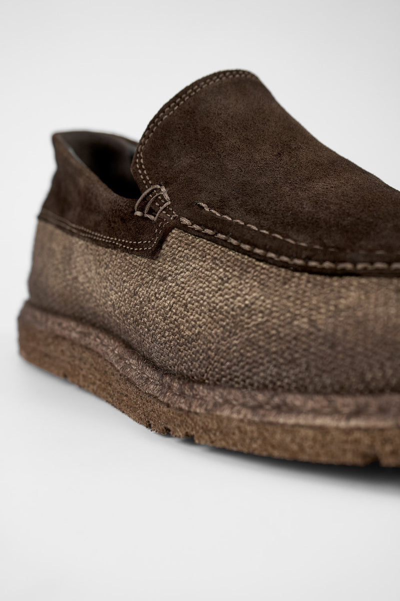 BYRON rye-brown suede & canvas lightweight loafers.