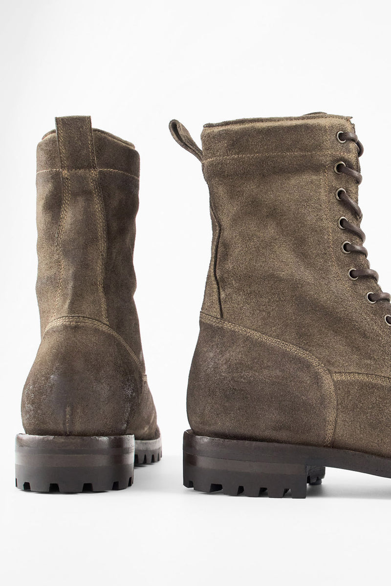 CAMDEN dark-moss suede military boots.