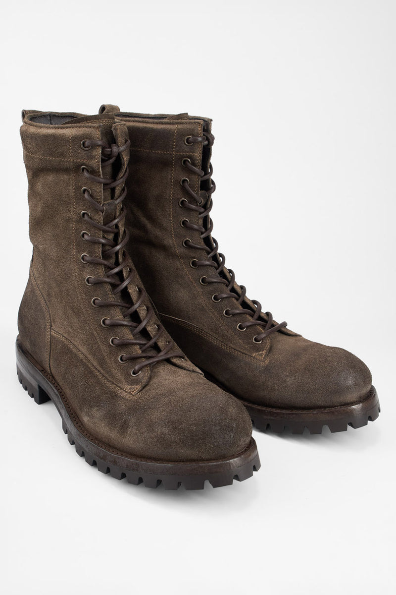 CAMDEN dark-moss suede military boots.