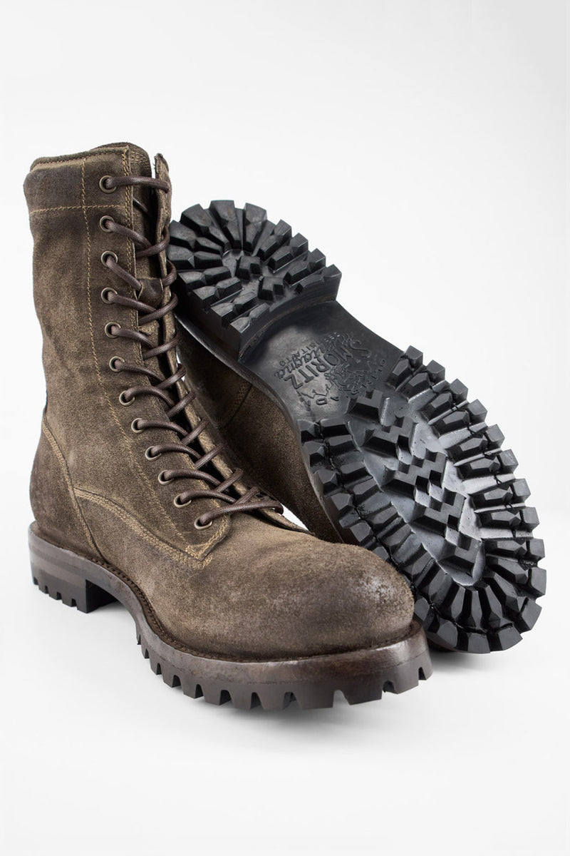 CAMDEN dark-moss suede military boots.