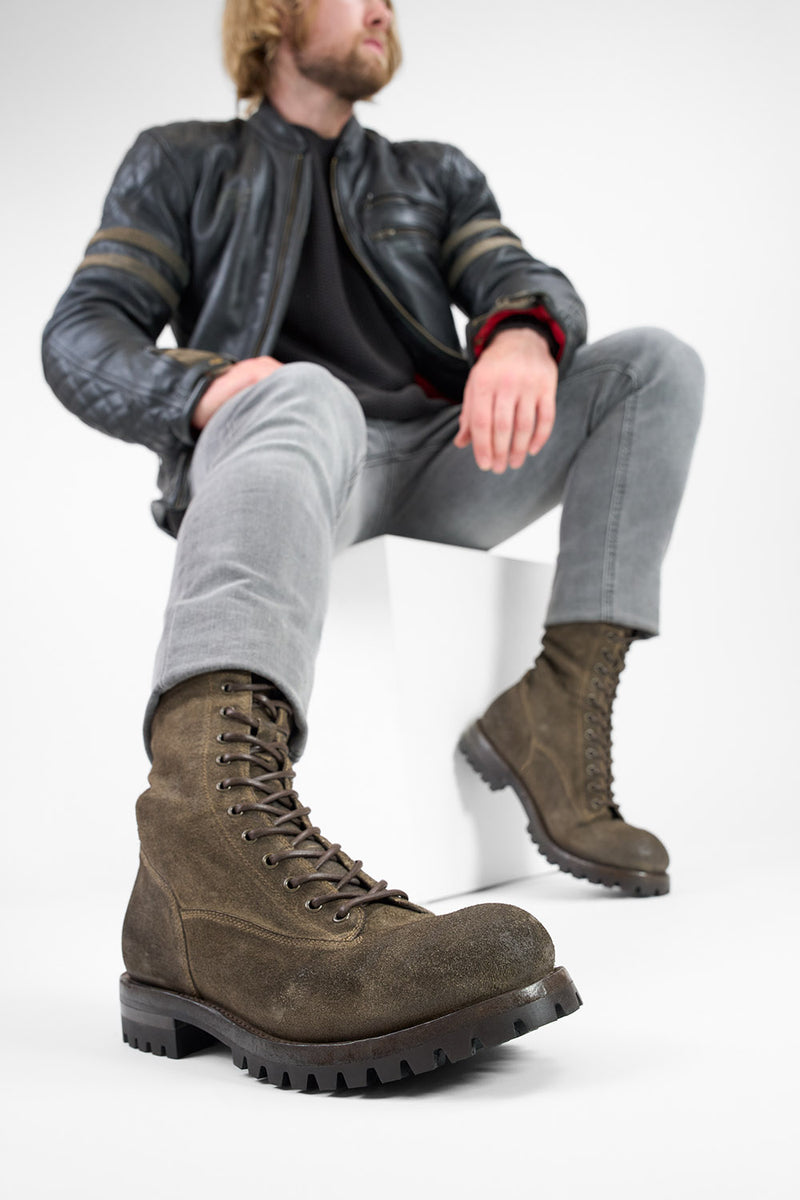 CAMDEN dark-moss suede military boots.