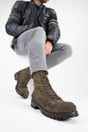 CAMDEN dark-moss suede military boots.