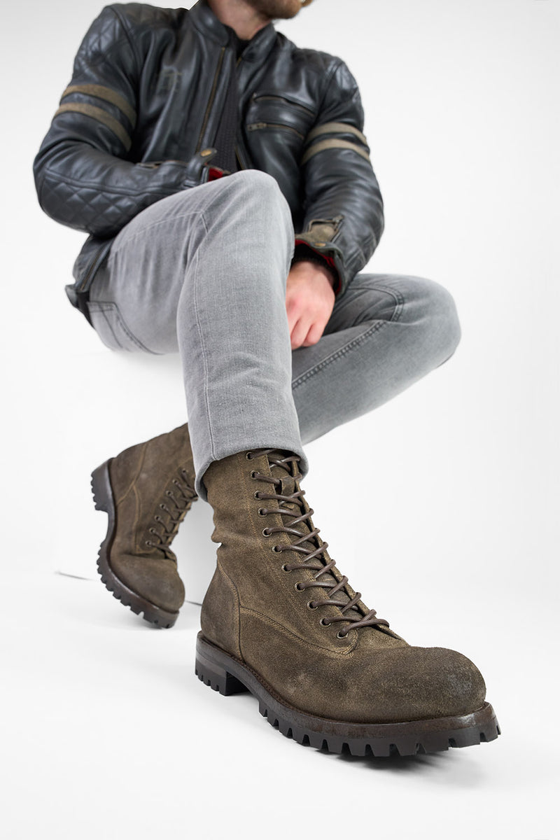 CAMDEN dark-moss suede military boots.