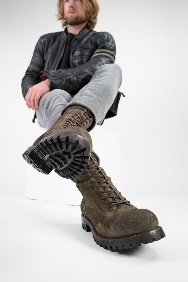 CAMDEN dark-moss suede military boots.
