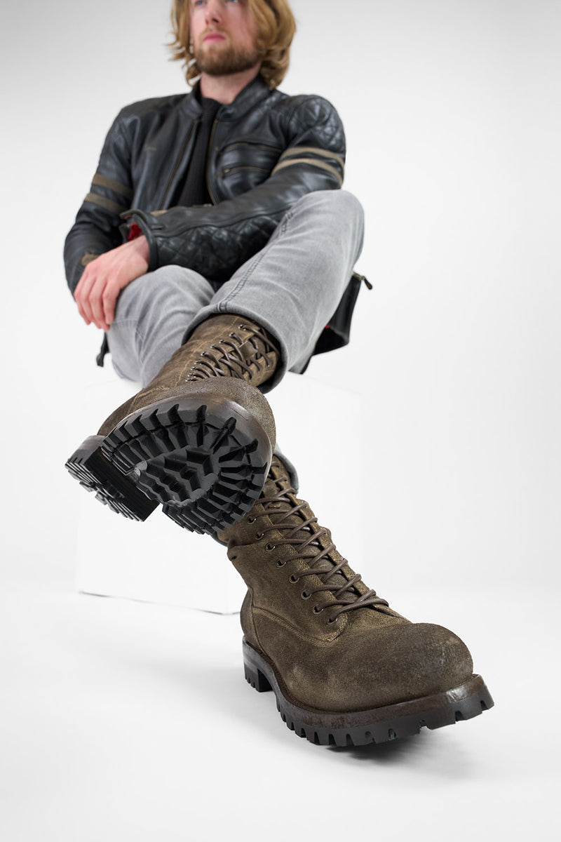 CAMDEN dark-moss suede military boots.