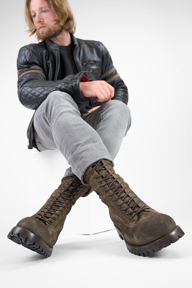CAMDEN dark-moss suede military boots.