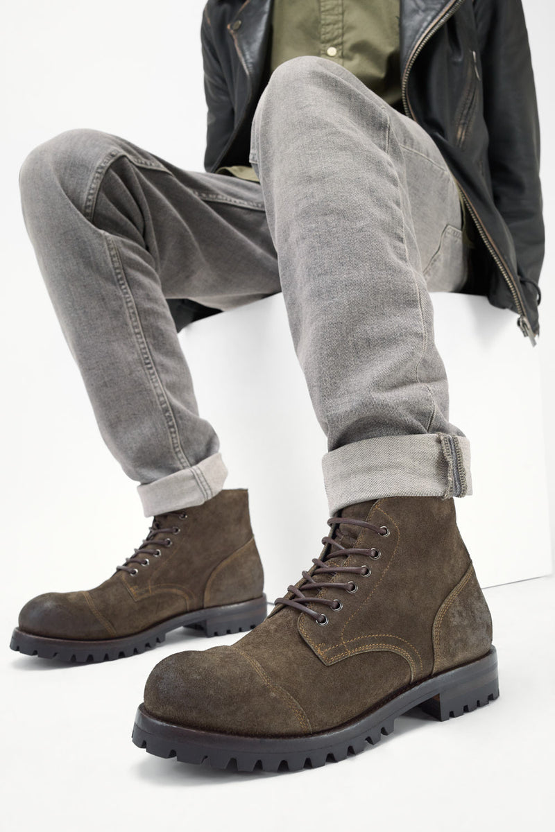 CAMDEN dark-moss suede ankle boots.