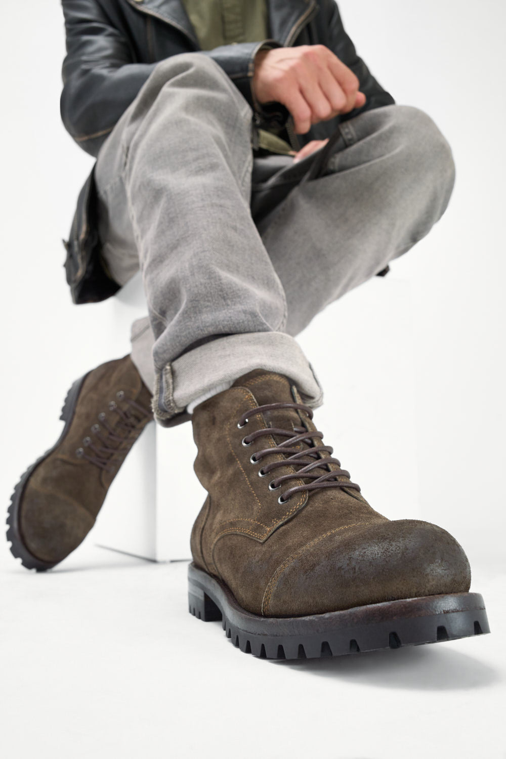 CAMDEN dark-moss suede ankle boots.