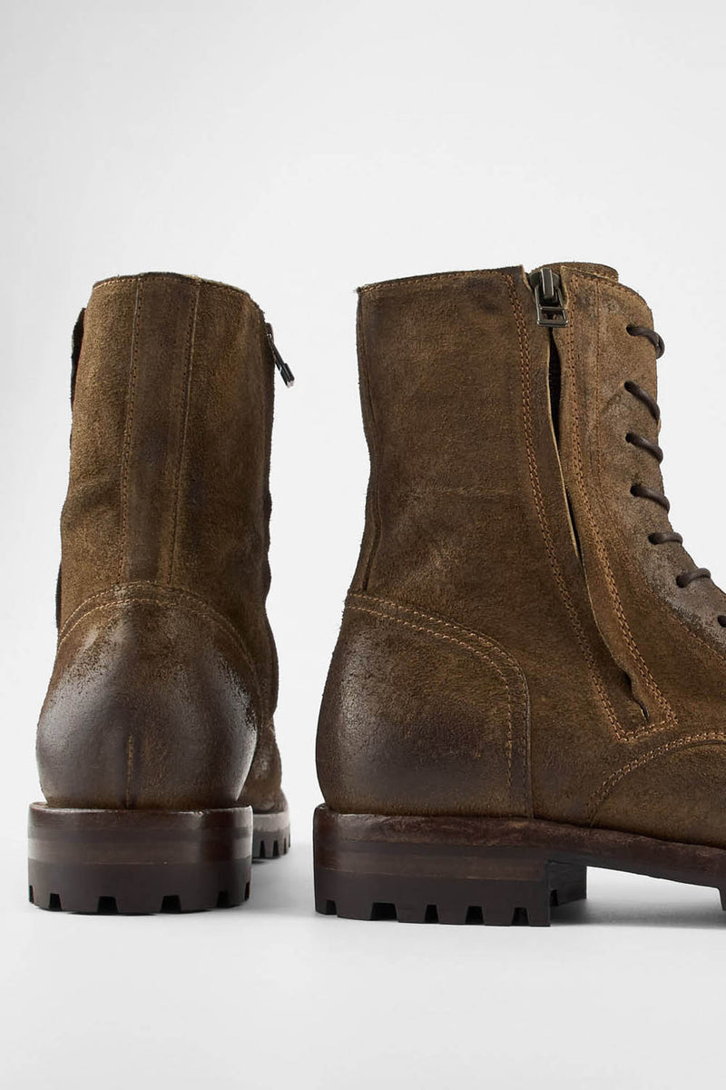 CAMDEN tundra-brown suede double-zip military boots.