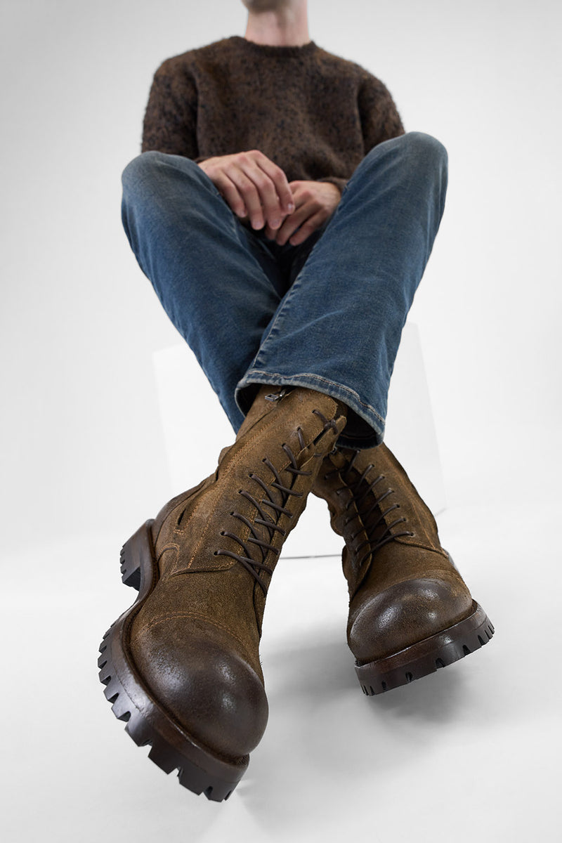 CAMDEN tundra-brown suede double-zip military boots.