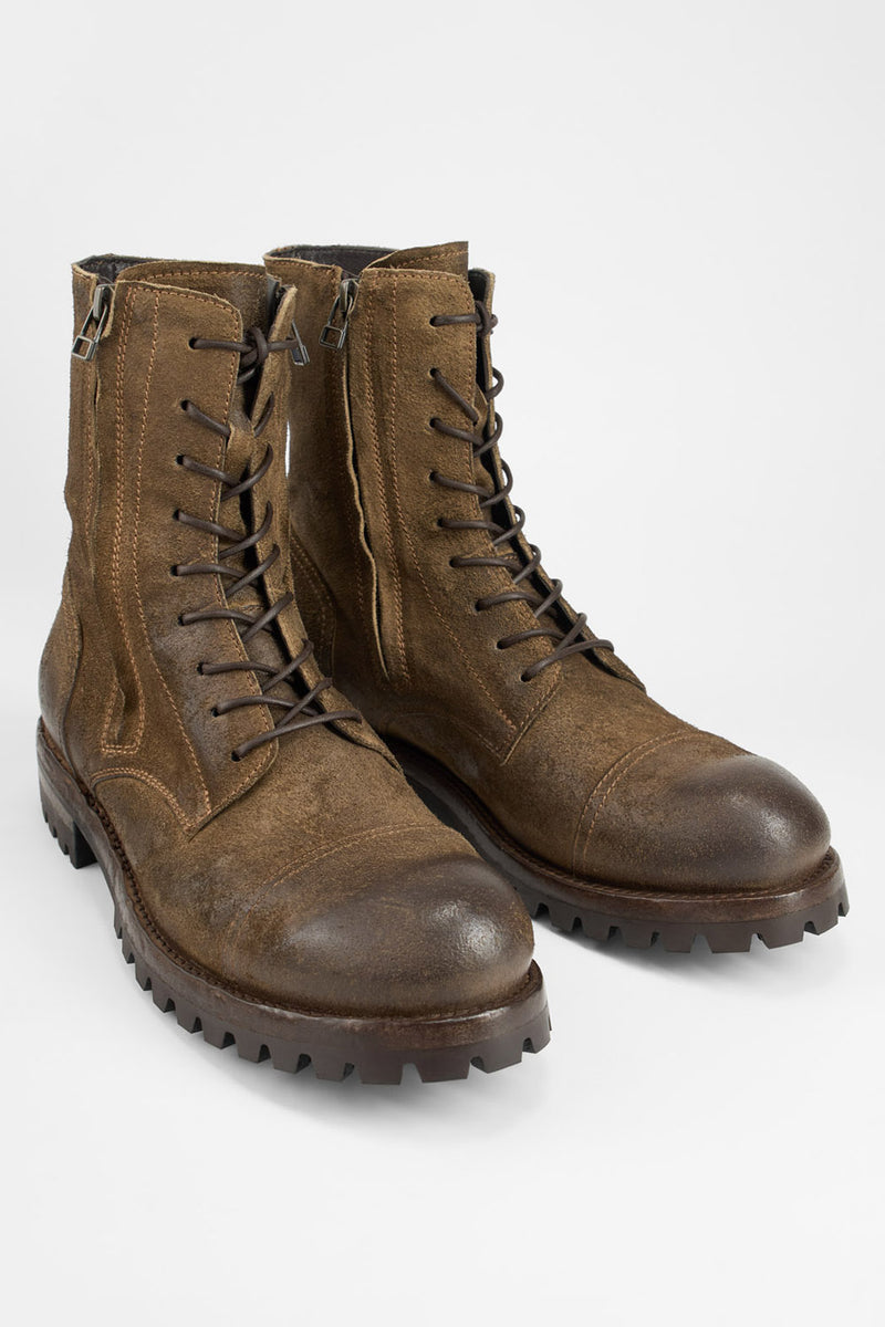 CAMDEN tundra-brown suede double-zip military boots.