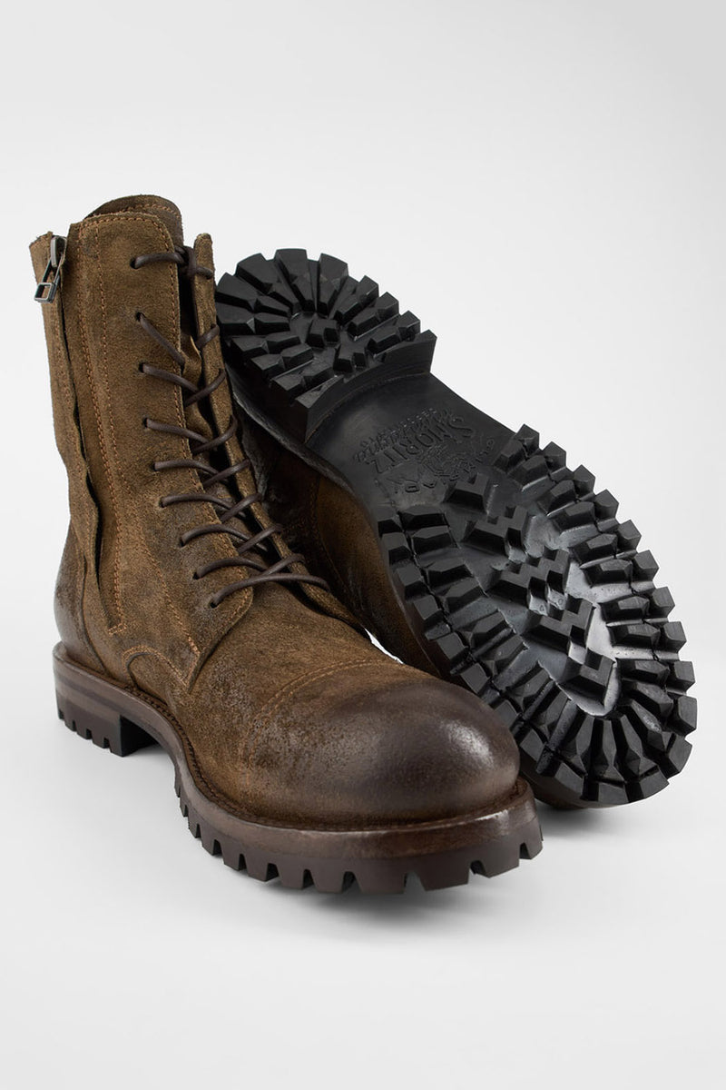 CAMDEN tundra-brown suede double-zip military boots.