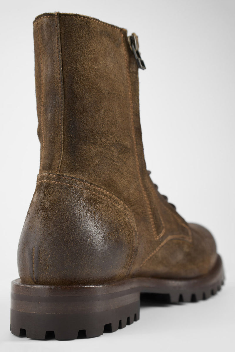 CAMDEN tundra-brown suede double-zip military boots.
