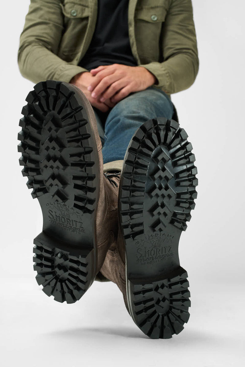 CAMDEN dark-moss suede double-zip military boots.