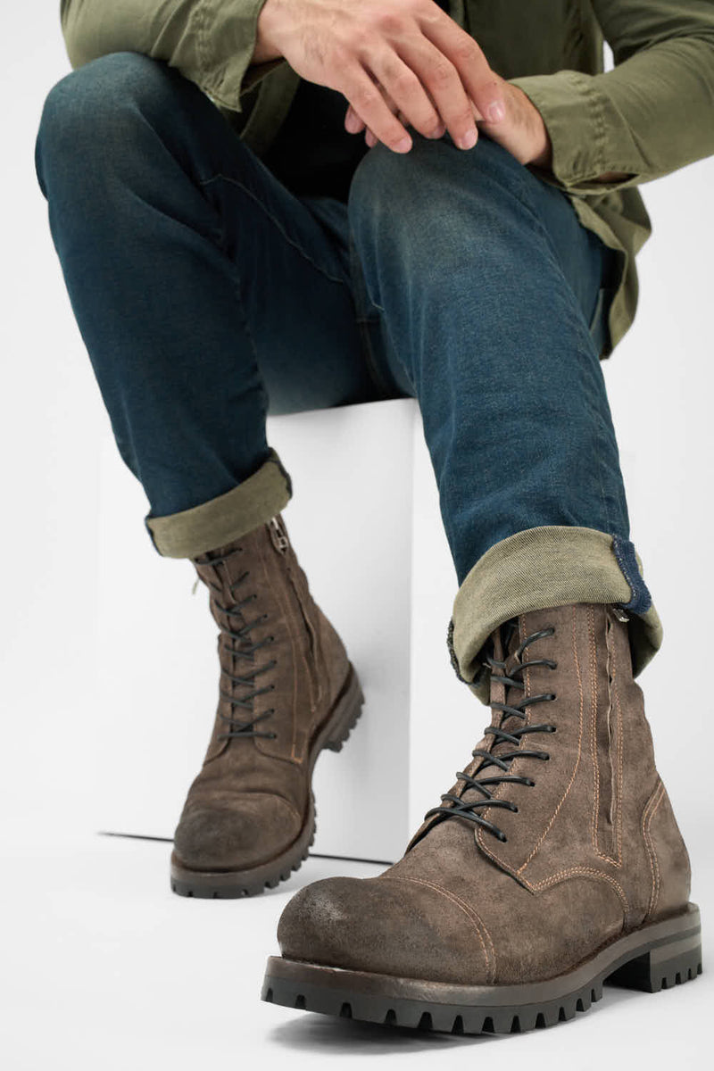 CAMDEN dark-moss suede double-zip military boots untamed street