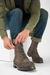 CAMDEN dark-moss suede double-zip military boots.