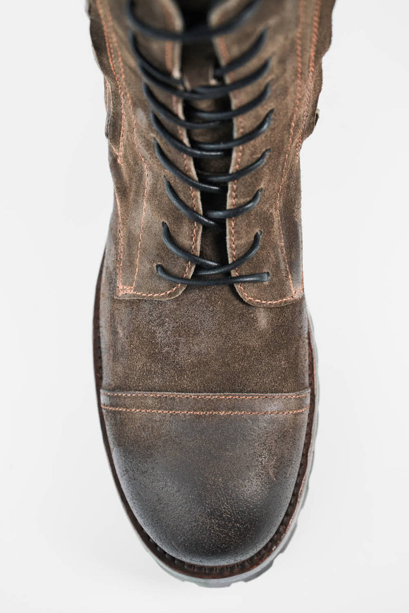 CAMDEN dark-moss suede double-zip military boots.