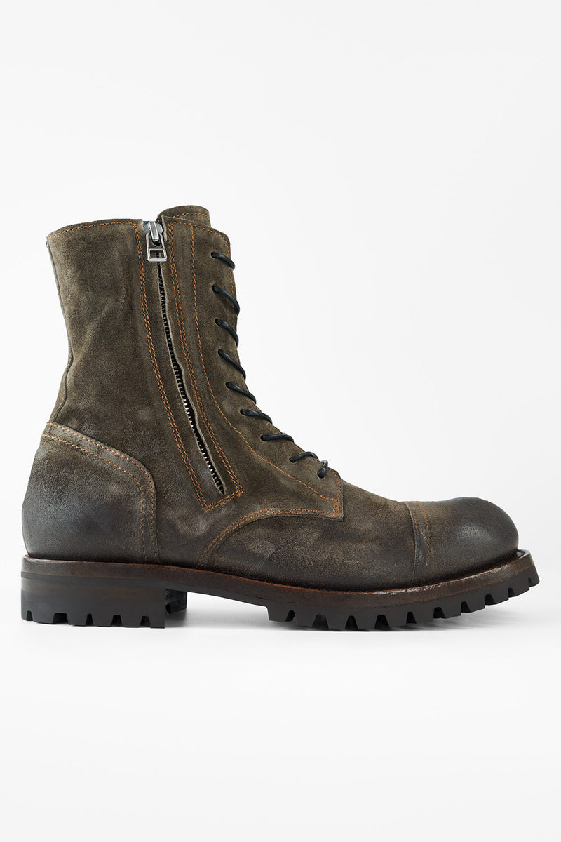 CAMDEN dark-moss suede double-zip military boots.
