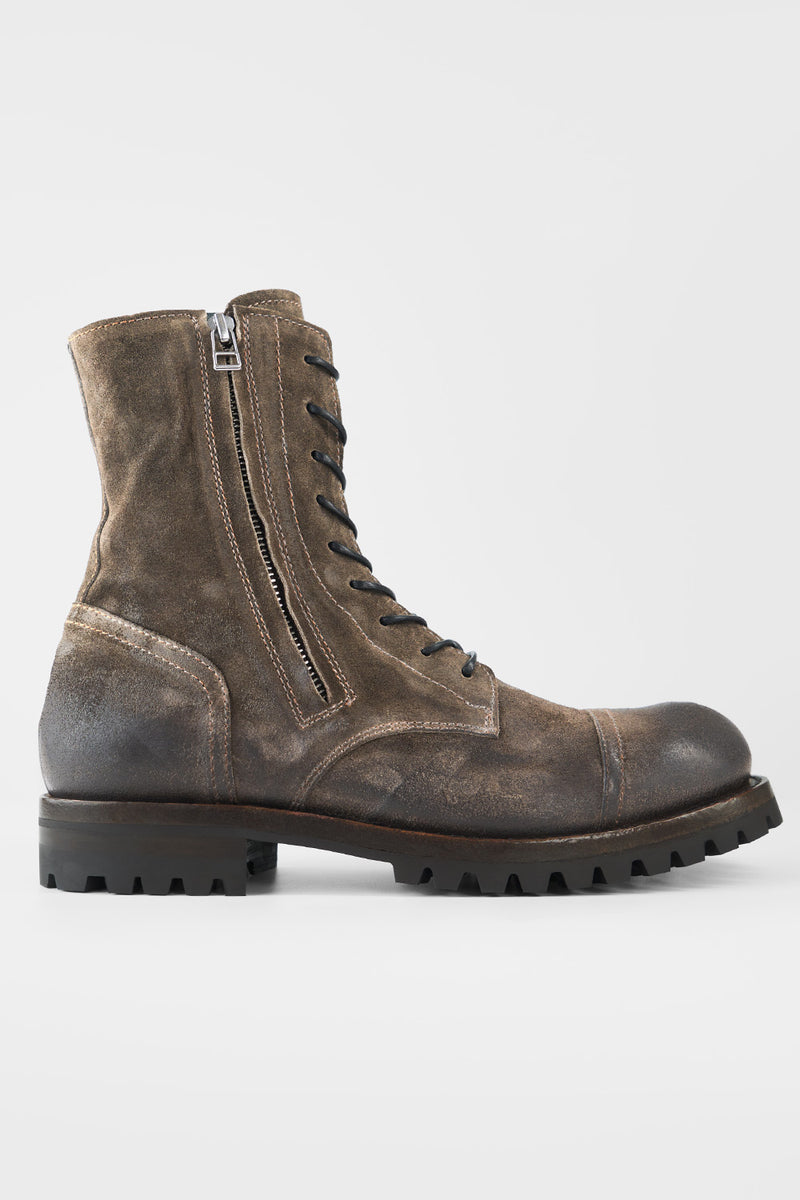 CAMDEN dark-moss suede double-zip military boots.