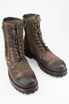 CAMDEN dark-moss suede double-zip military boots.