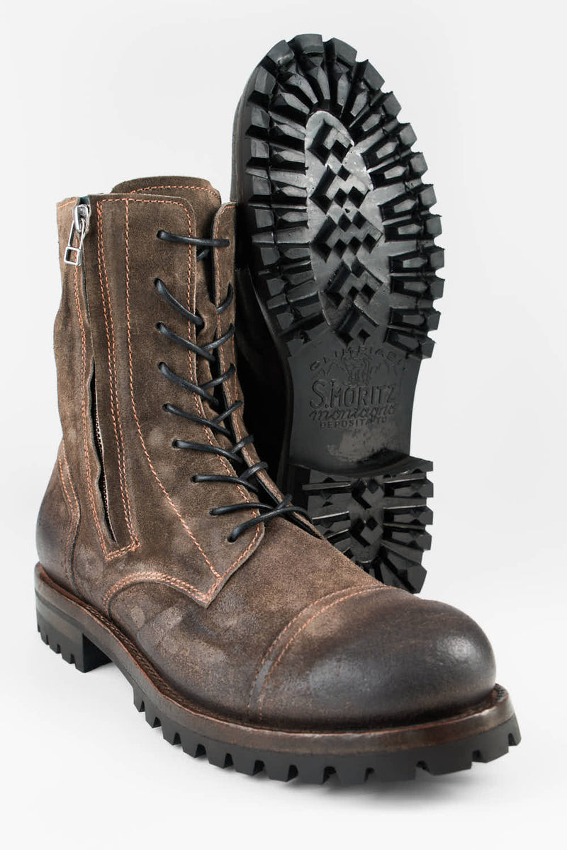 CAMDEN dark-moss suede double-zip military boots.