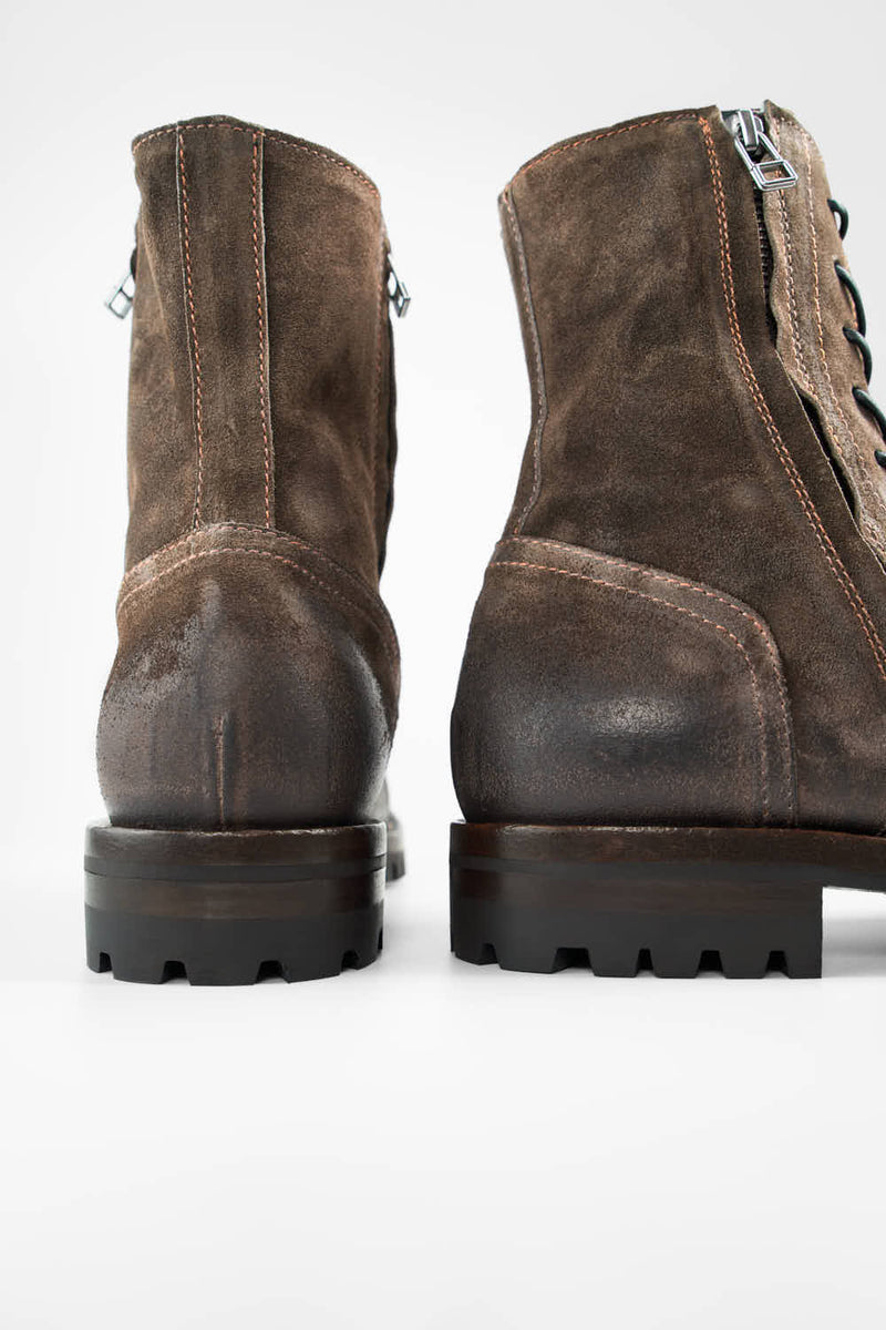 CAMDEN dark-moss suede double-zip military boots.