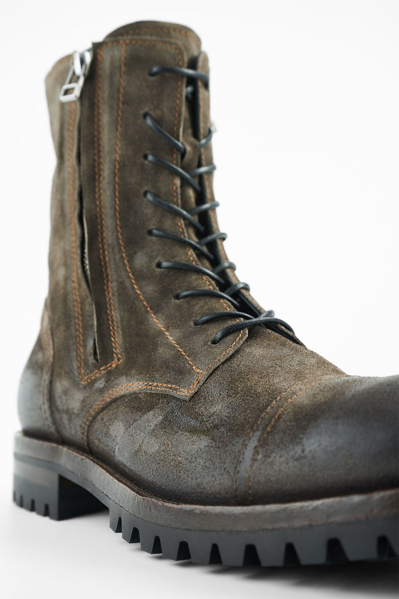 CAMDEN dark-moss double-zip suede military boots.