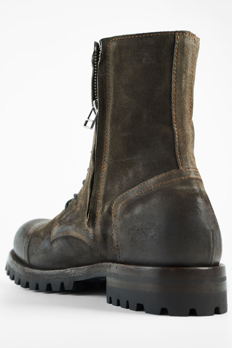 CAMDEN dark-moss double-zip suede military boots.