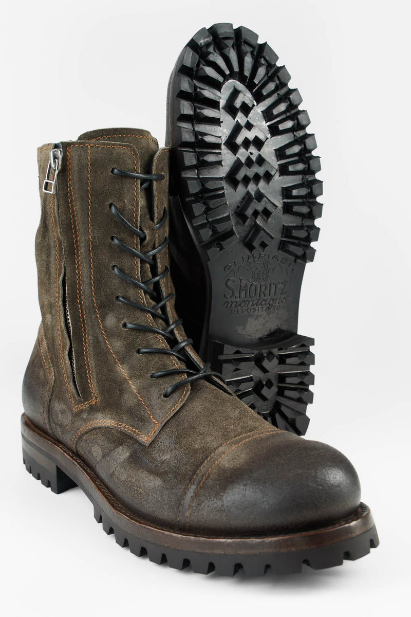 CAMDEN dark-moss double-zip suede military boots.