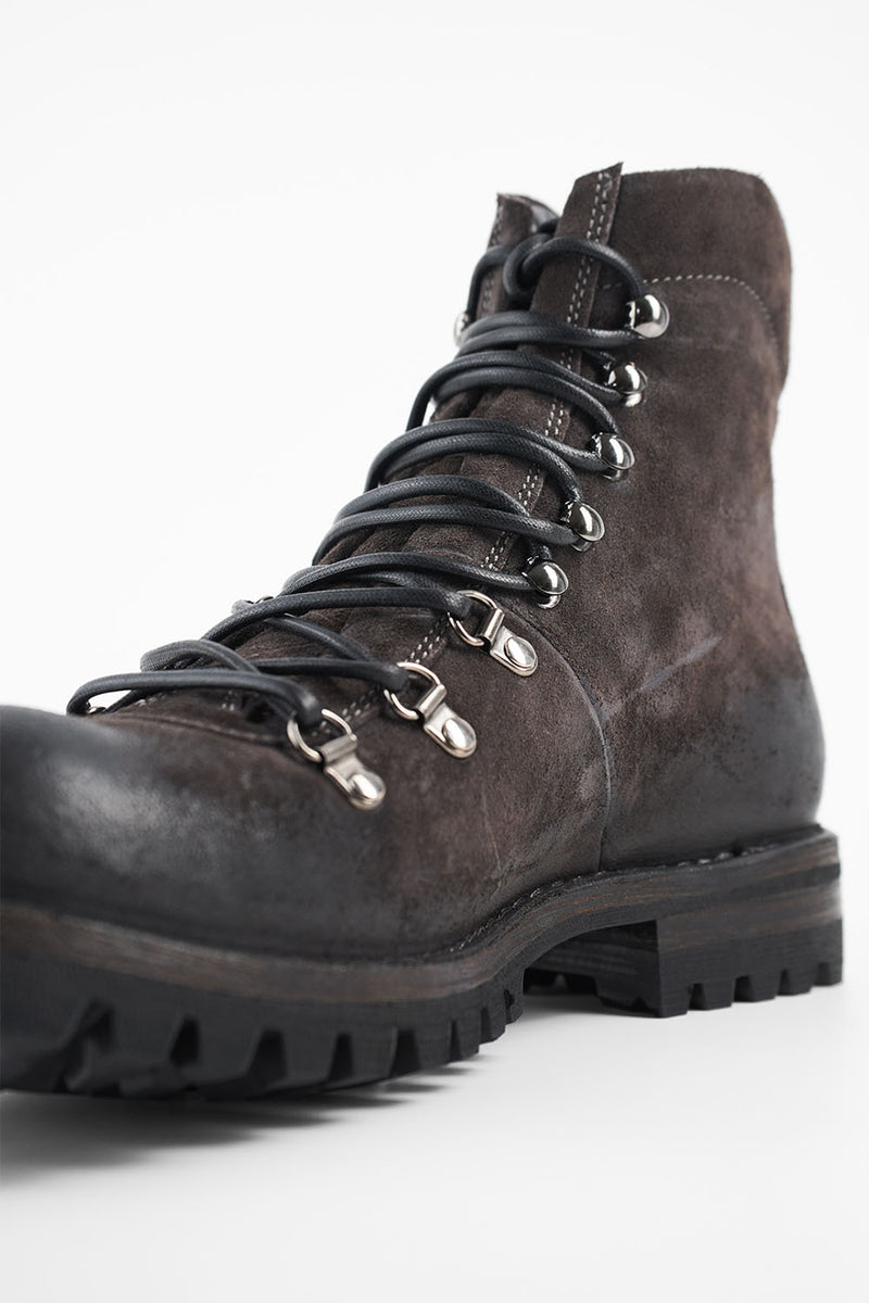 CAMDEN lava-grey suede combat boots.