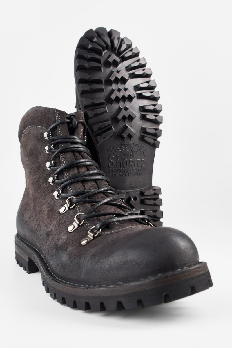 CAMDEN lava-grey suede combat boots.
