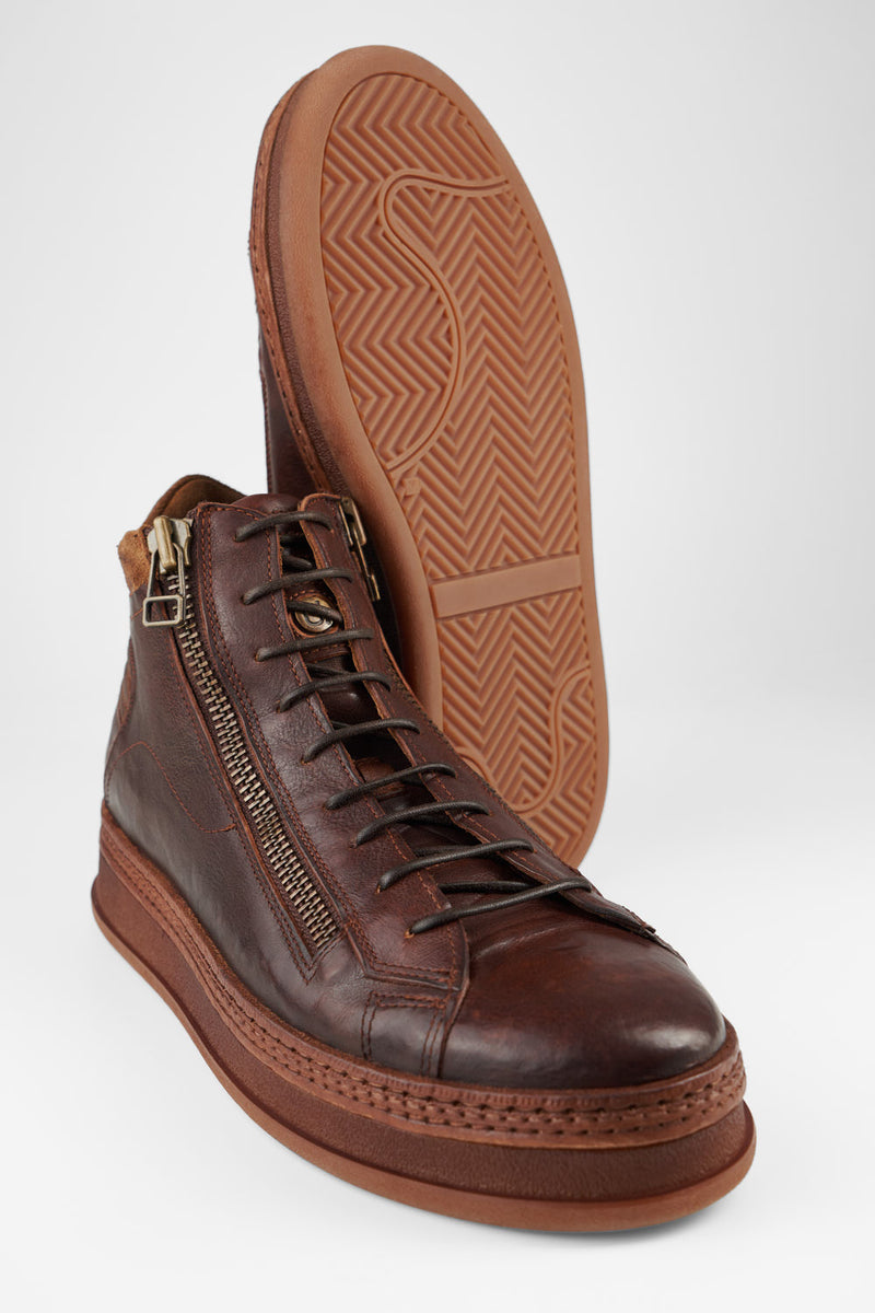 COLE cognac welted double-zip high sneakers.