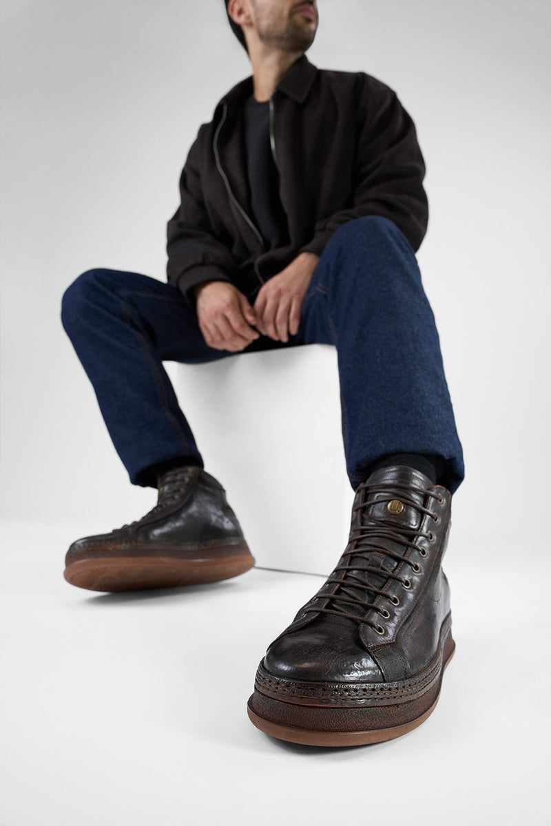 COLE dark-cocoa welted distressed high sneakers.