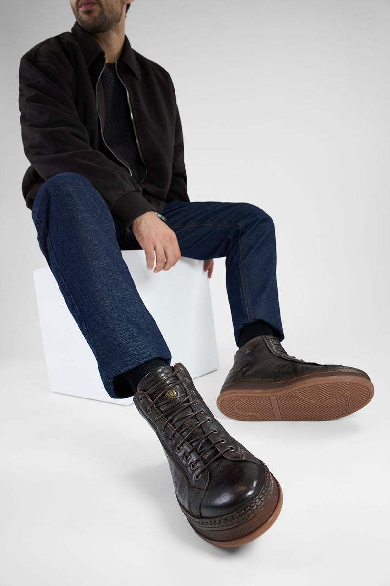COLE dark-cocoa welted distressed high sneakers.